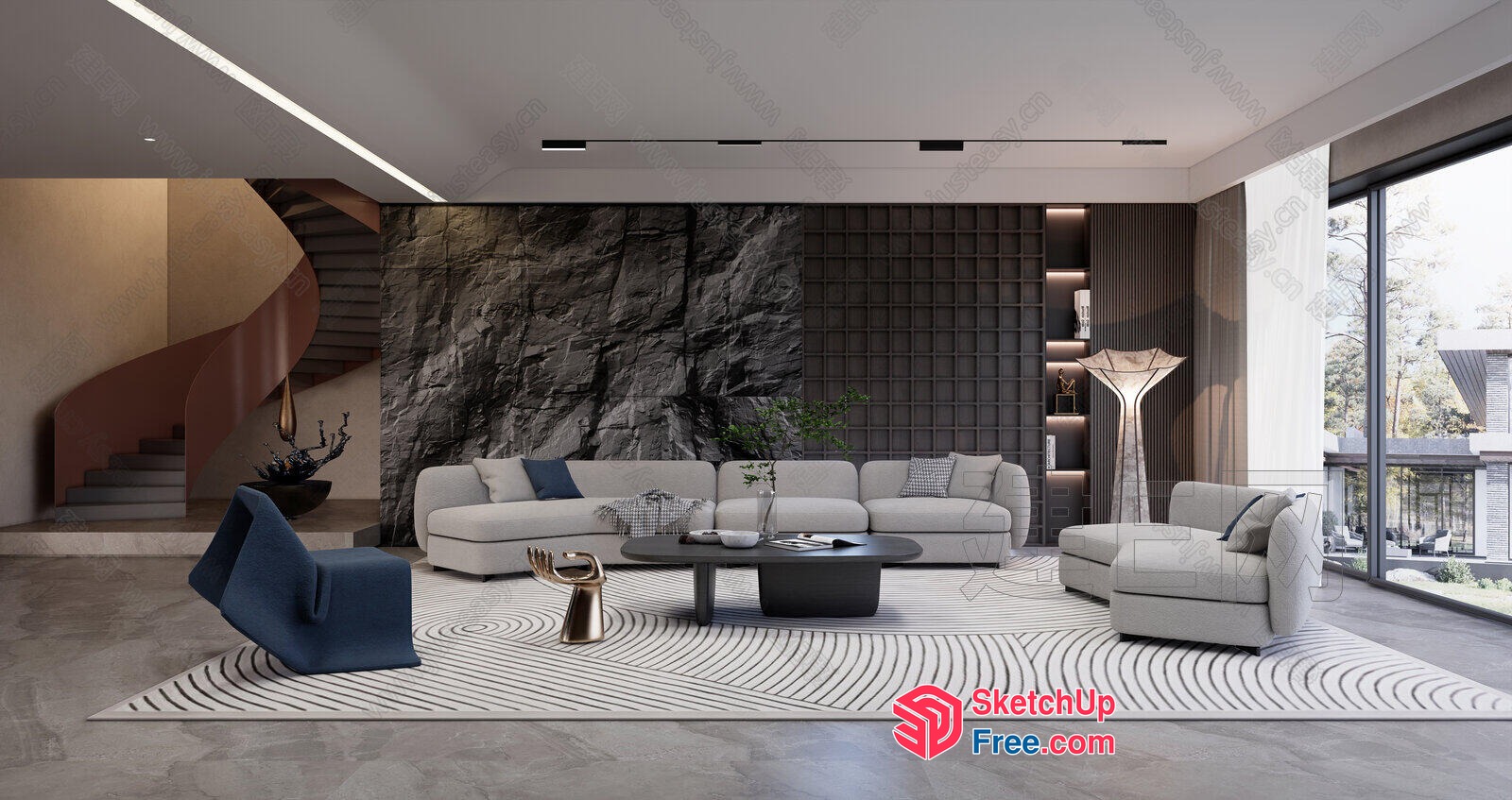 Modern Living Room With Natural Stone Accent Wall 3D SketchUp File