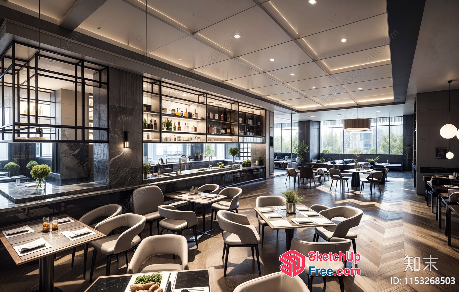 Modern Restaurant Interior With Sleek Furniture And Glass Walls 3D SketchUp File