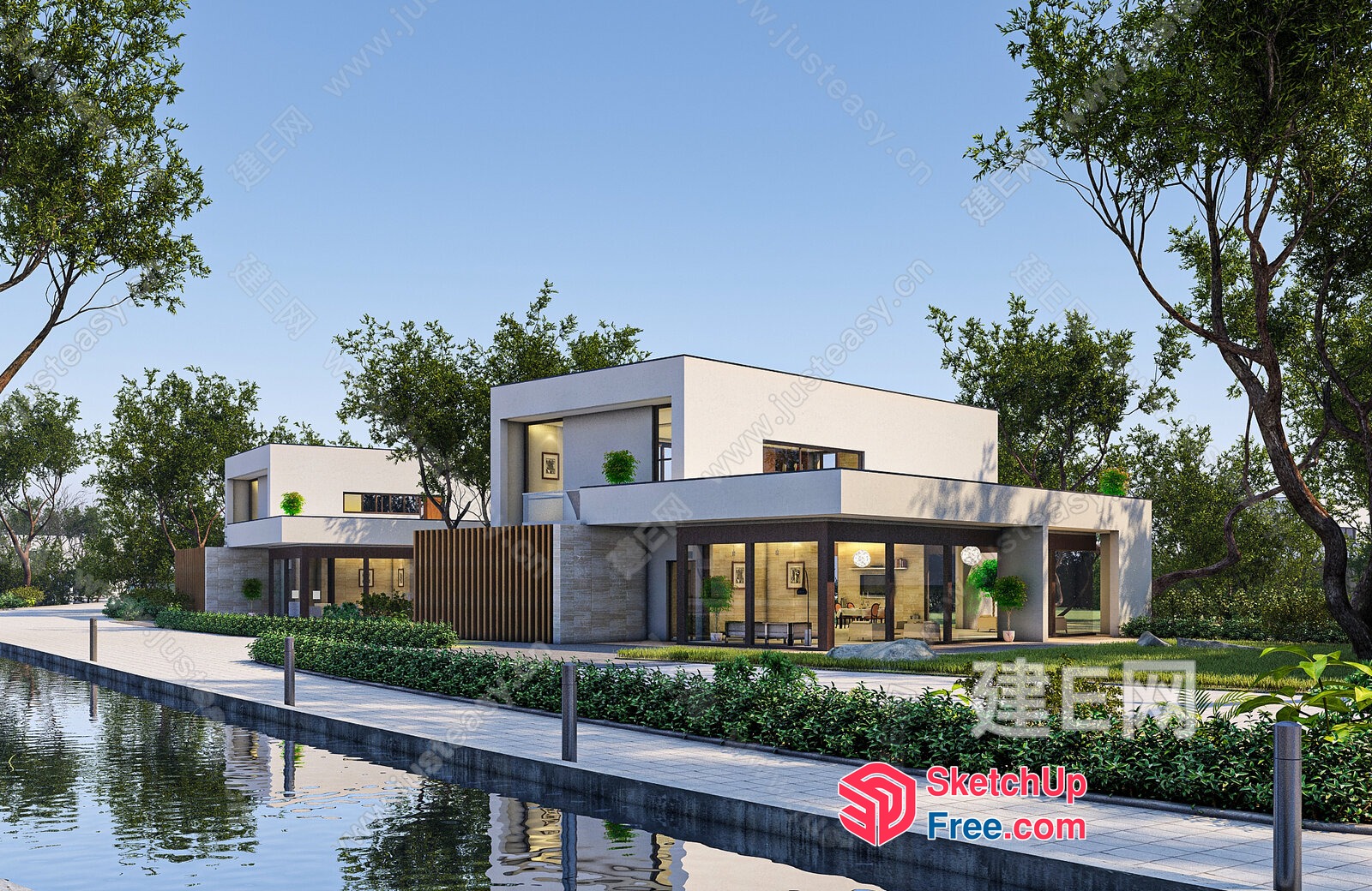Modern White House With Greenery And Water Feature 3D SketchUp File