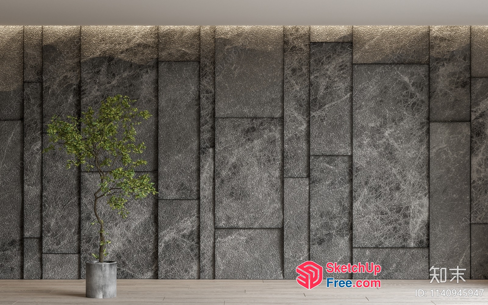 Elegant Stone Wall And Potted Plant Interior 3D SketchUp File