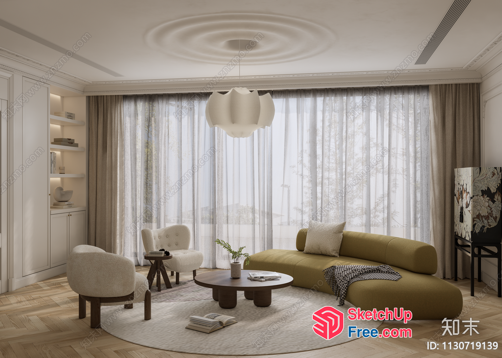 Elegant Modern Living Room With Curved Furniture And Natural Light 3D SketchUp File