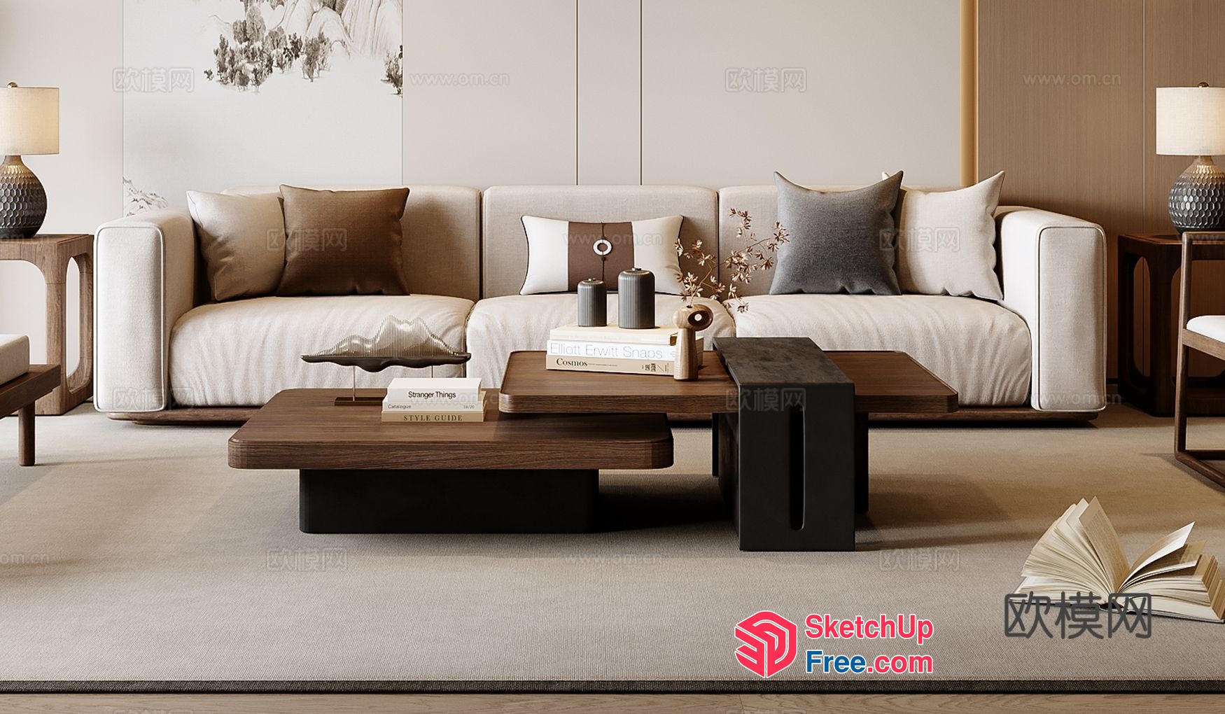 Modern Living Room With Creamy Style Sofa And Wooden Coffee Tables 3D SketchUp File