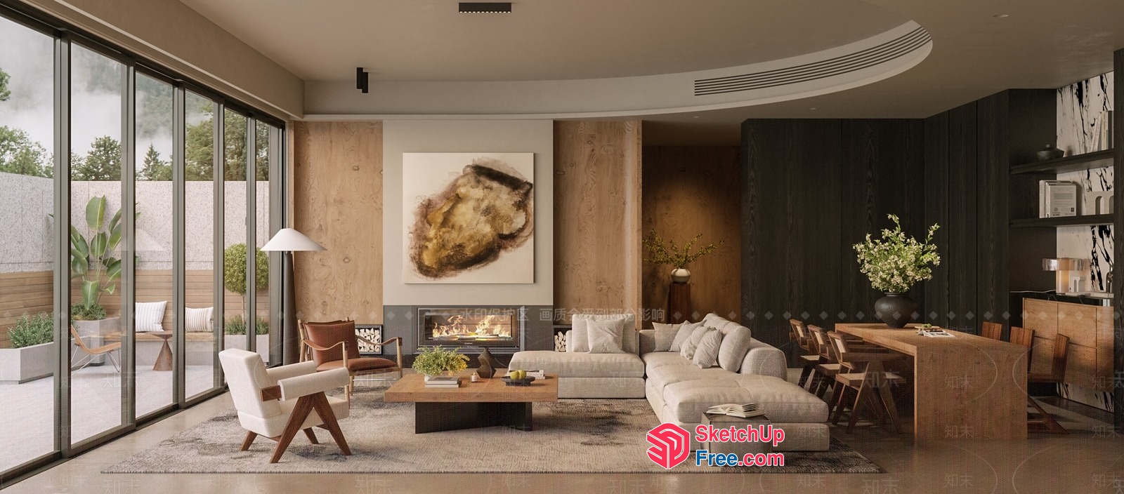 Modern Living Room With Fireplace And Sliding Glass Doors 3D SketchUp File