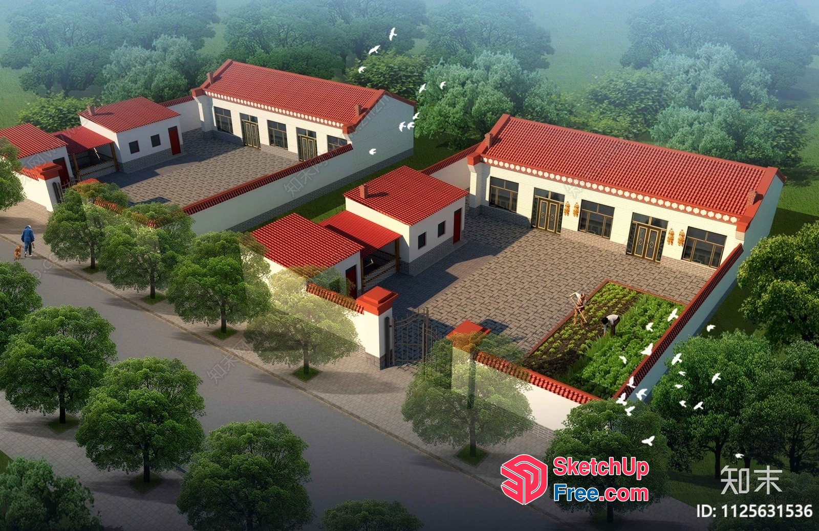 Traditional Asian-Style Villa With Red Roof Tiles And White Walls 3D SketchUp File