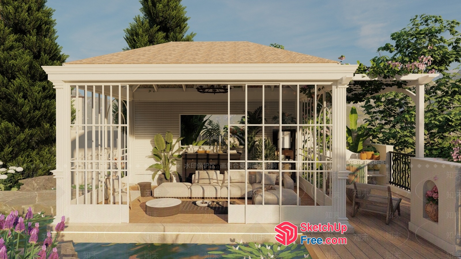 Elegant White Gazebo With Glass Walls And Beige Roof 3D SketchUp File
