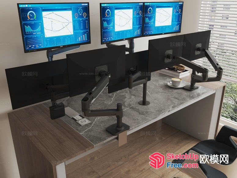 Modern Office Workspace With Multi-Monitor Setup 3D SketchUp File