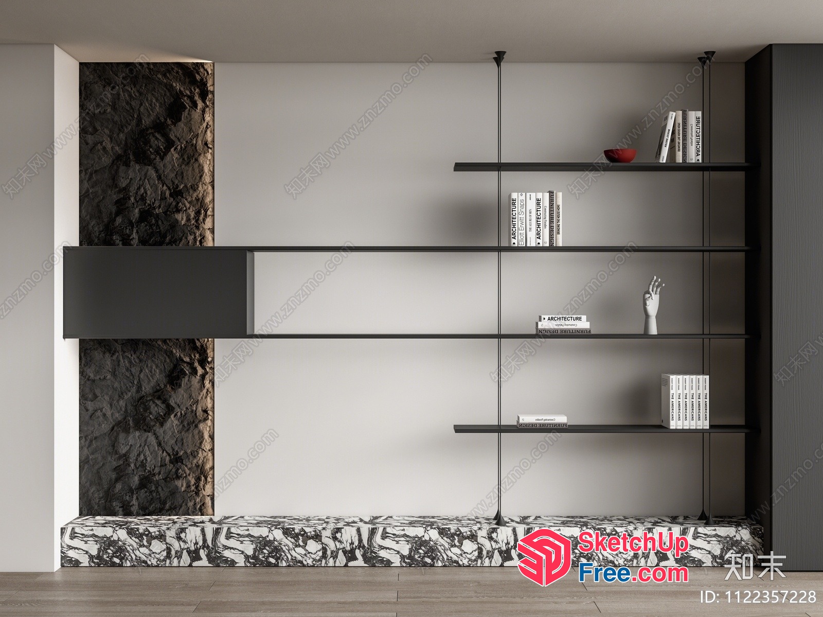 Modern Minimalist Bookcase With Black And White Marble 3D SketchUp File