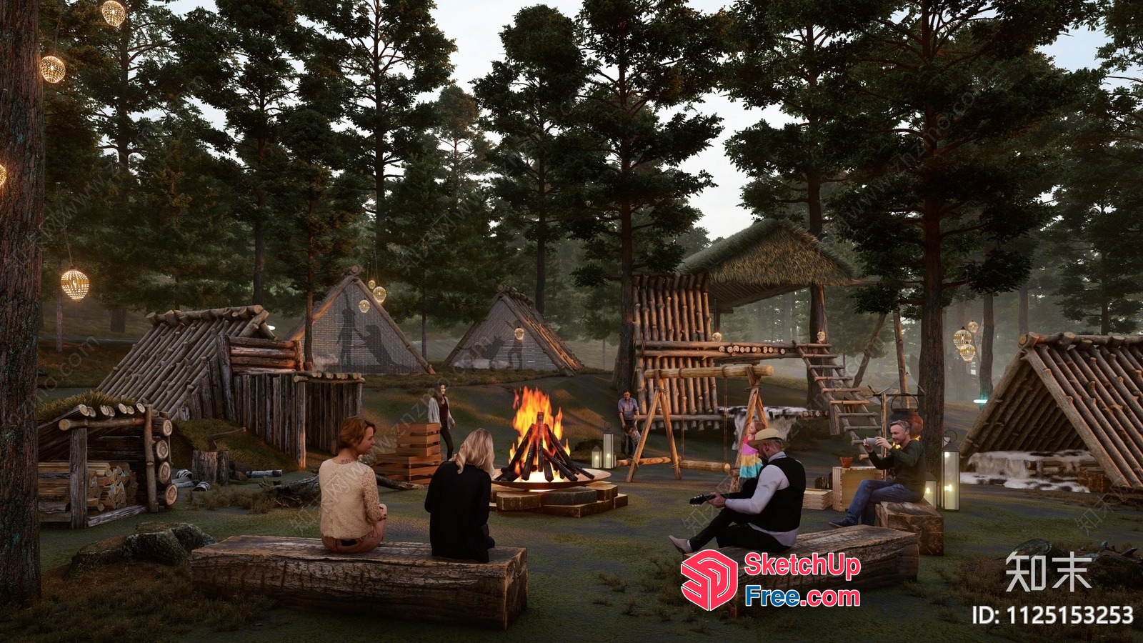 Outdoor Gathering Space With Rustic Decor And Fire Pit 3D SketchUp File