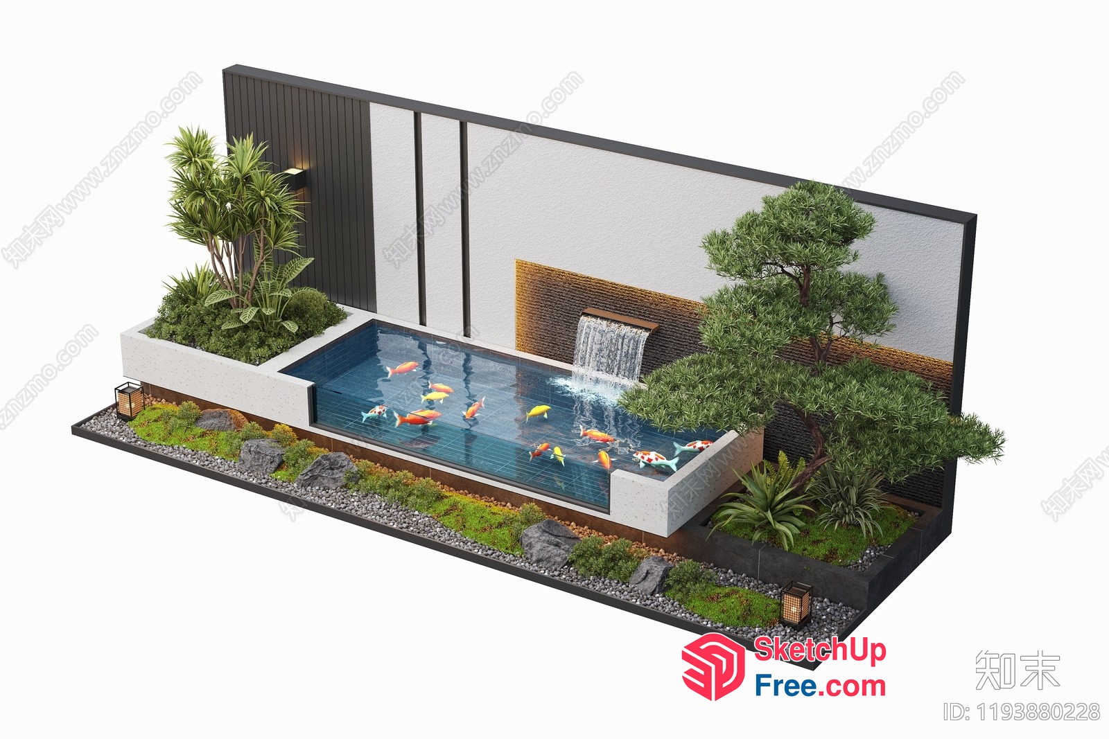 Modern Japanese-Inspired Koi Pond And Waterfall 3D SketchUp File