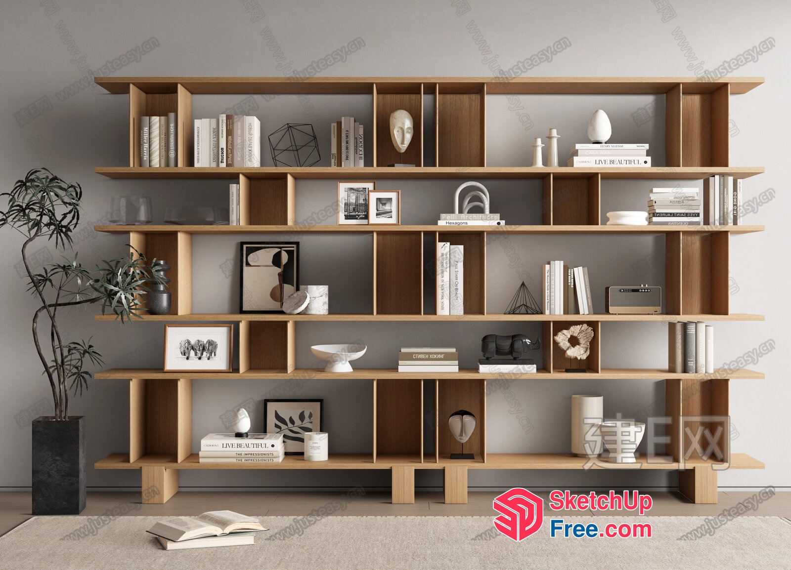 Modern Minimalist Wooden Bookcase With Decorative Items 3D SketchUp File