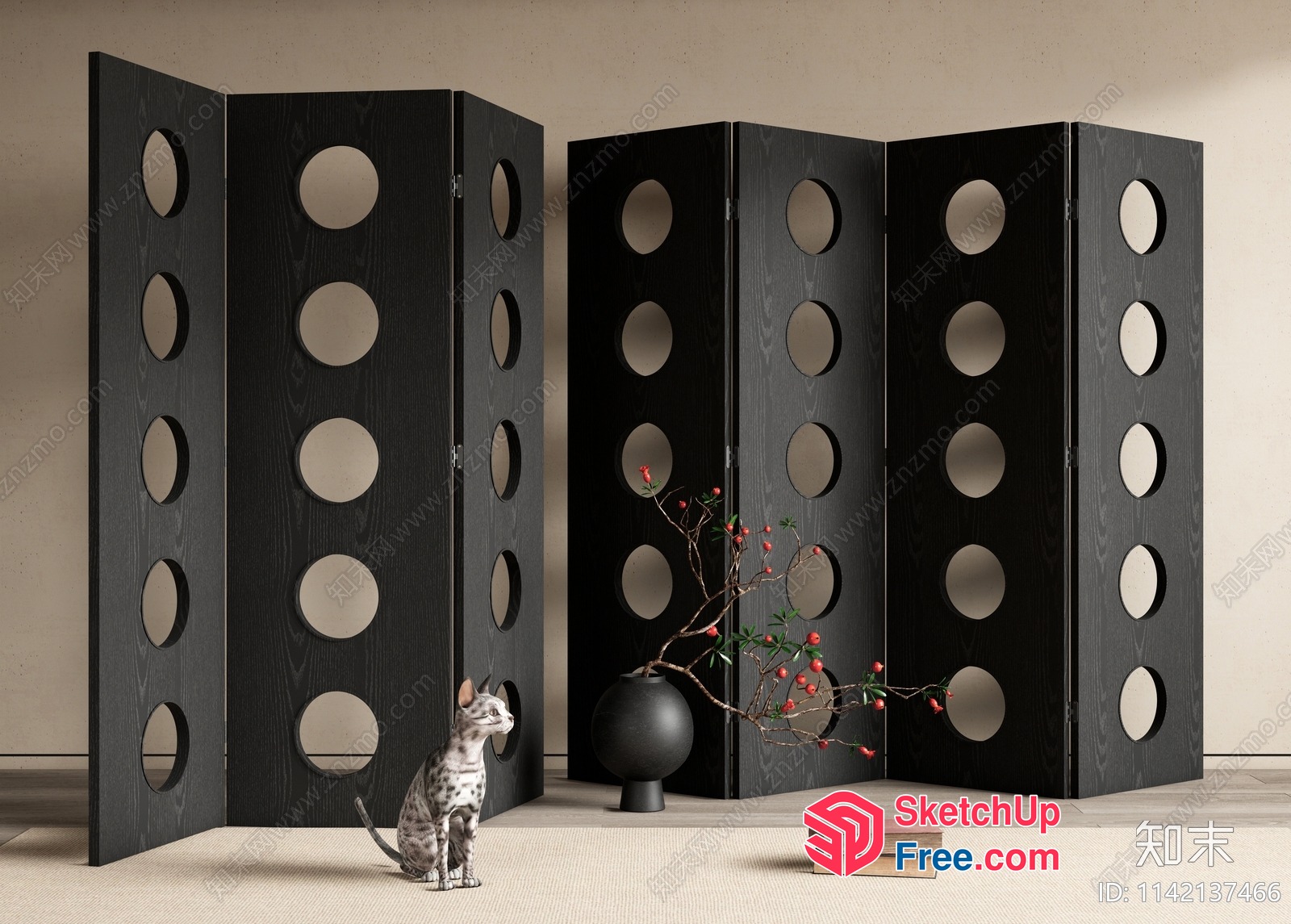 Modern Partition Screen With Cat And Books 3D SketchUp File