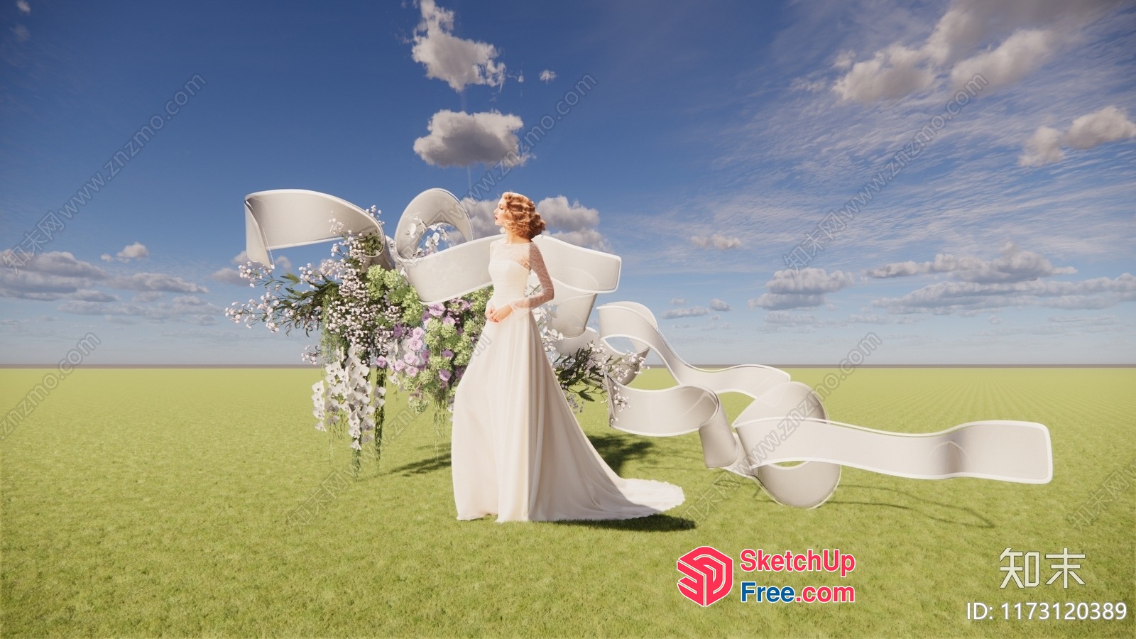 Serene Woman In Elegant White Gown Standing In A Lush Green Field 3D SketchUp File