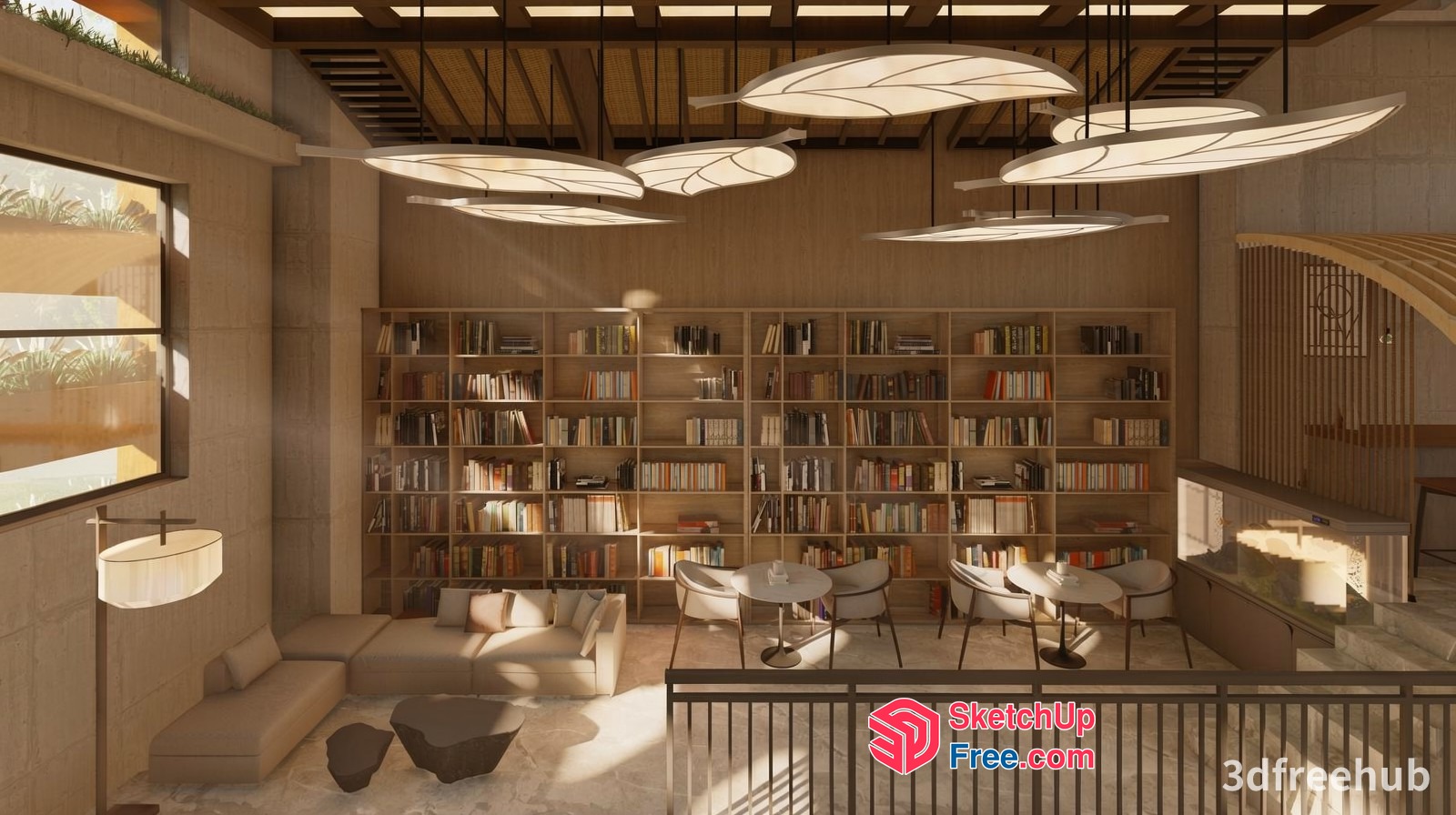 Modern Library Interior With Lush Bookshelves And Cozy Seating 3D SketchUp File