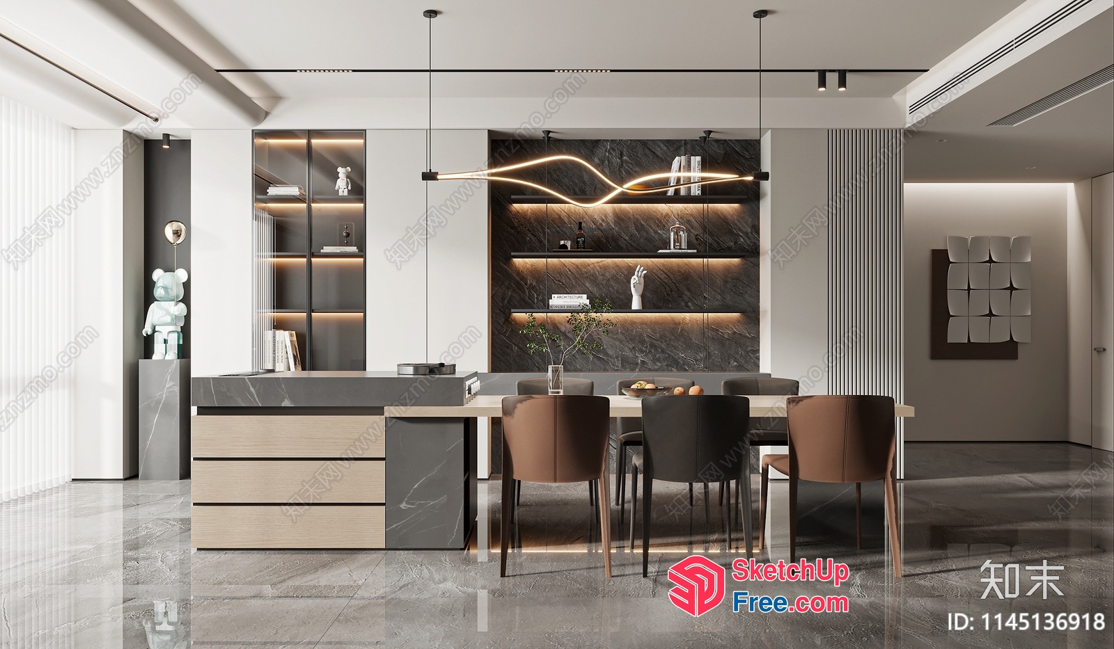 Modern Dining Room With Minimalist Furniture And Ambient Lighting 3D SketchUp File