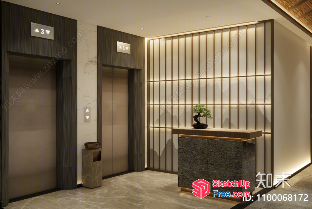 Elegant Modern Japanese Style Interior With Elevator And Stairs 3D SketchUp File