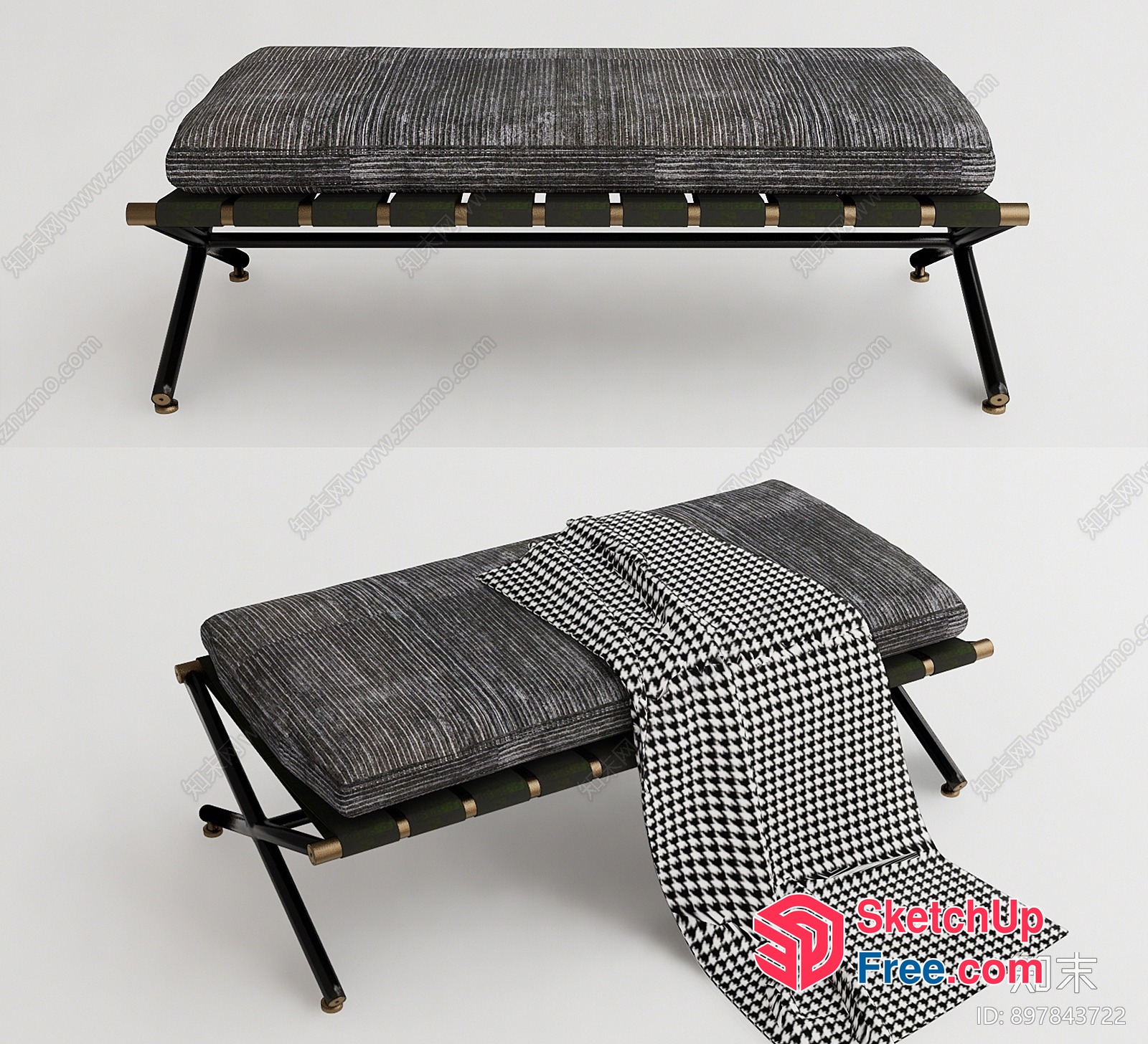 Modern Bench With Grey Cushion And Black Metal Frame 3D SketchUp File