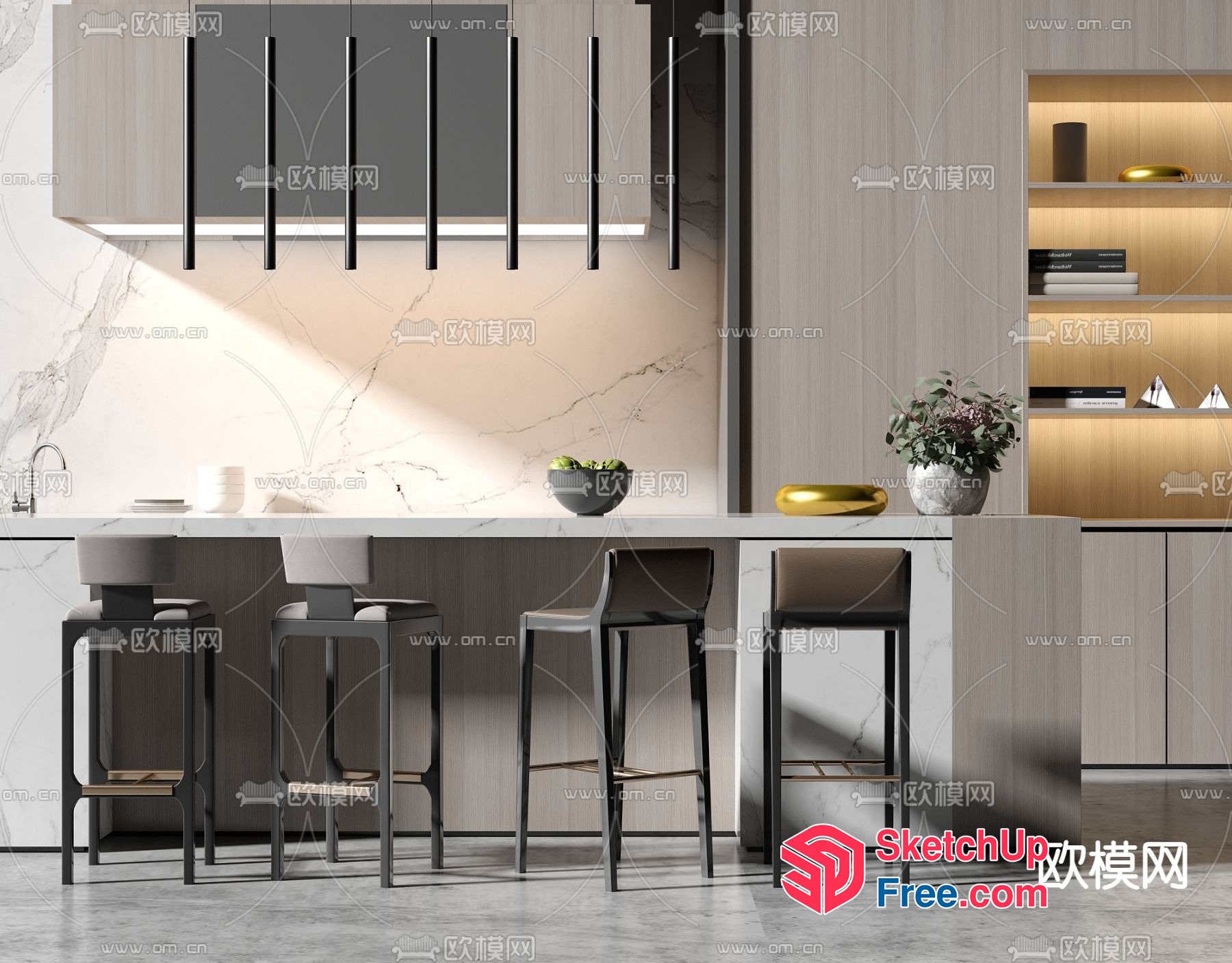 Modern Kitchen Island With Marble Countertop And Bar Stools 3D SketchUp File