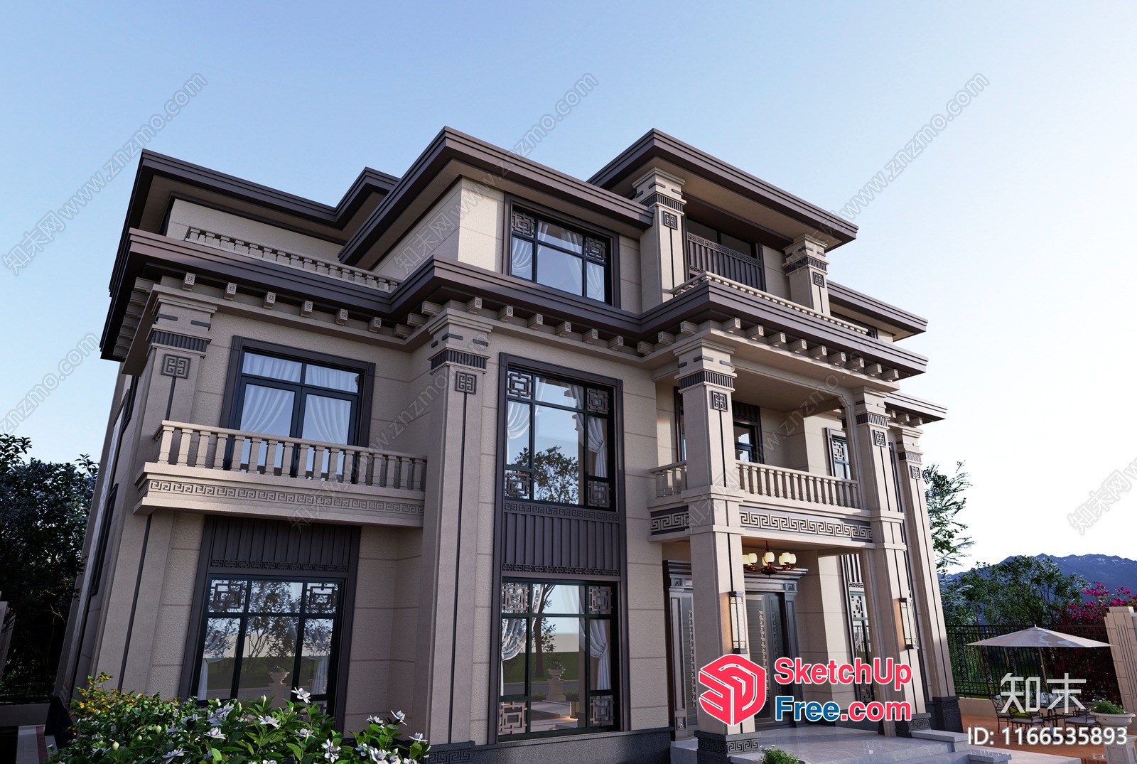 Elegant Mansion With Classical Balconies And Pillars 3D SketchUp File