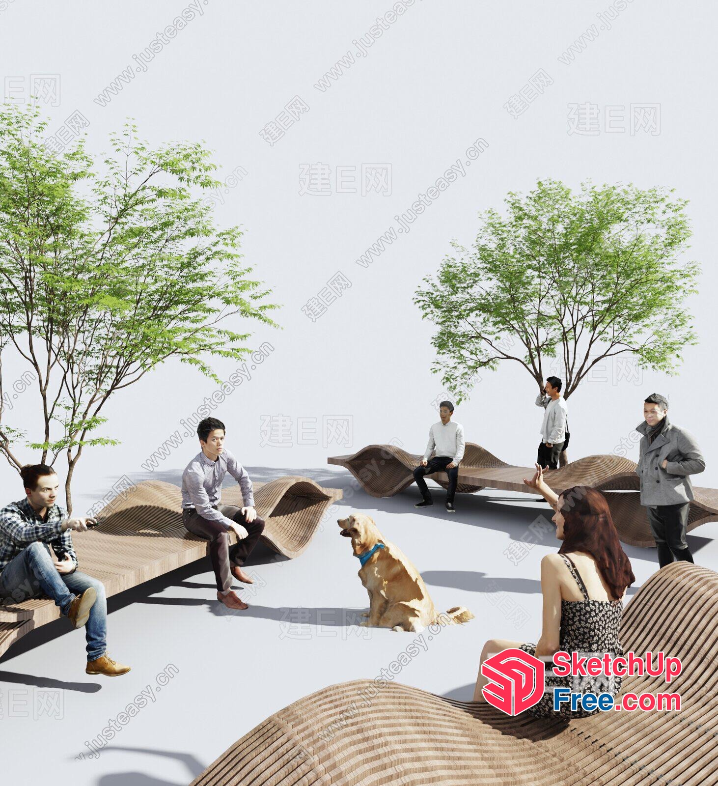 Outdoor Seating Area With Unique Wave-Shaped Benches 3D SketchUp File