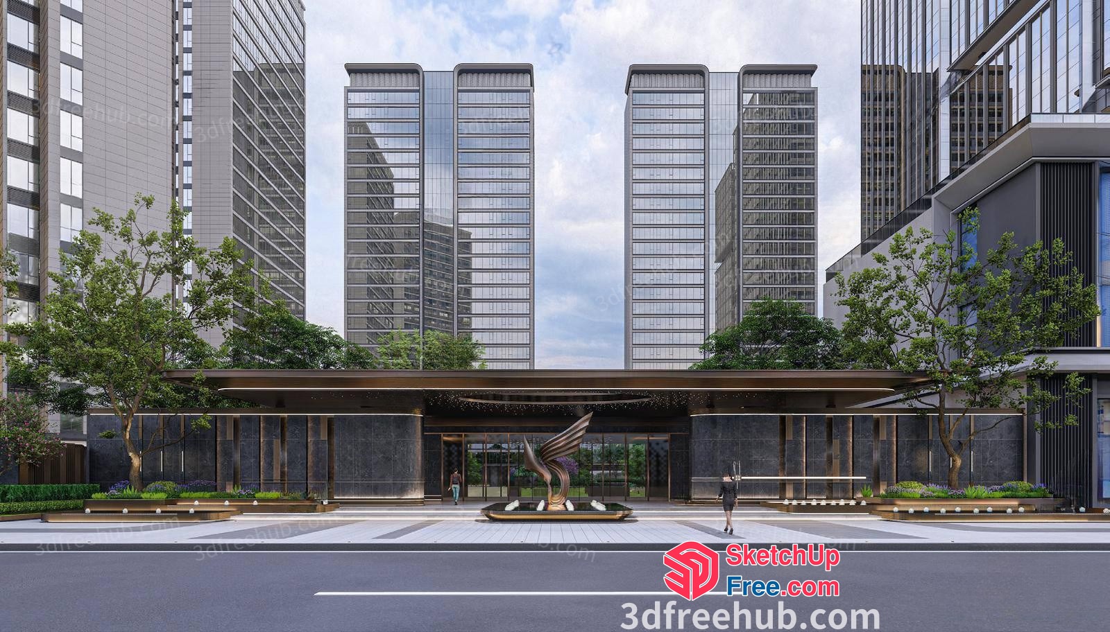 Modern Office Building Entrance With Glass Curtain Wall 3D SketchUp File