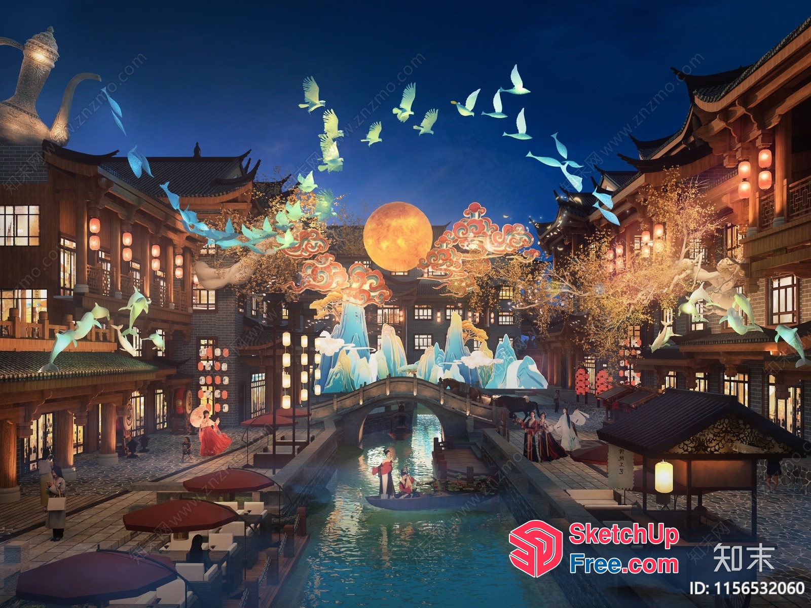 Serene Chinese Village Scene At Night 3D SketchUp File