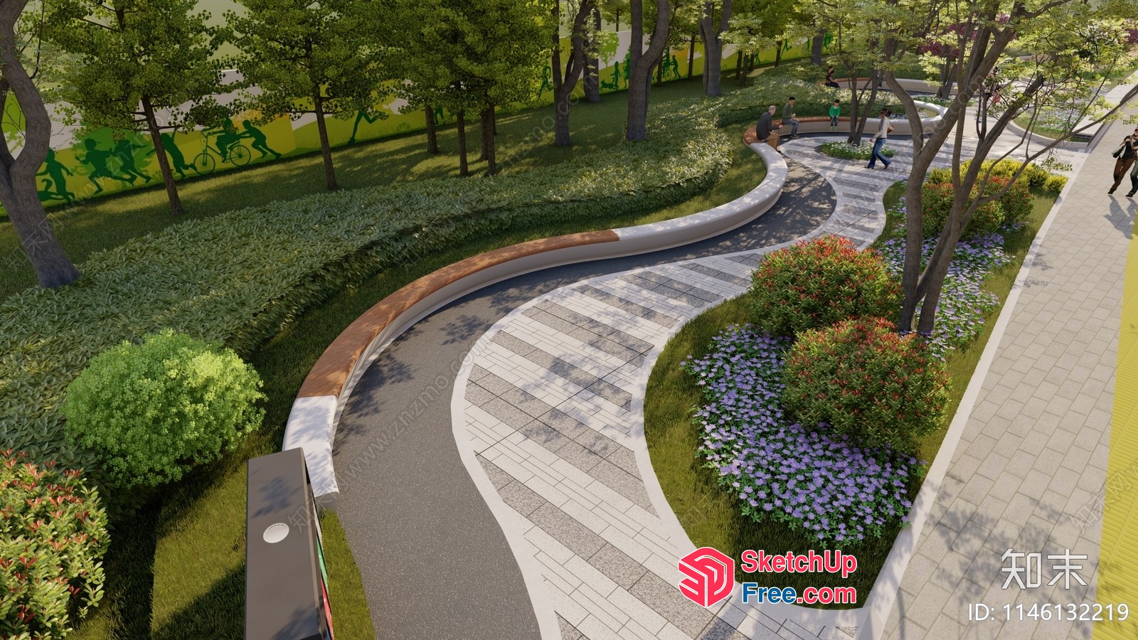 Serpentine Pathway Through Lush Greenery And Flowers 3D SketchUp File
