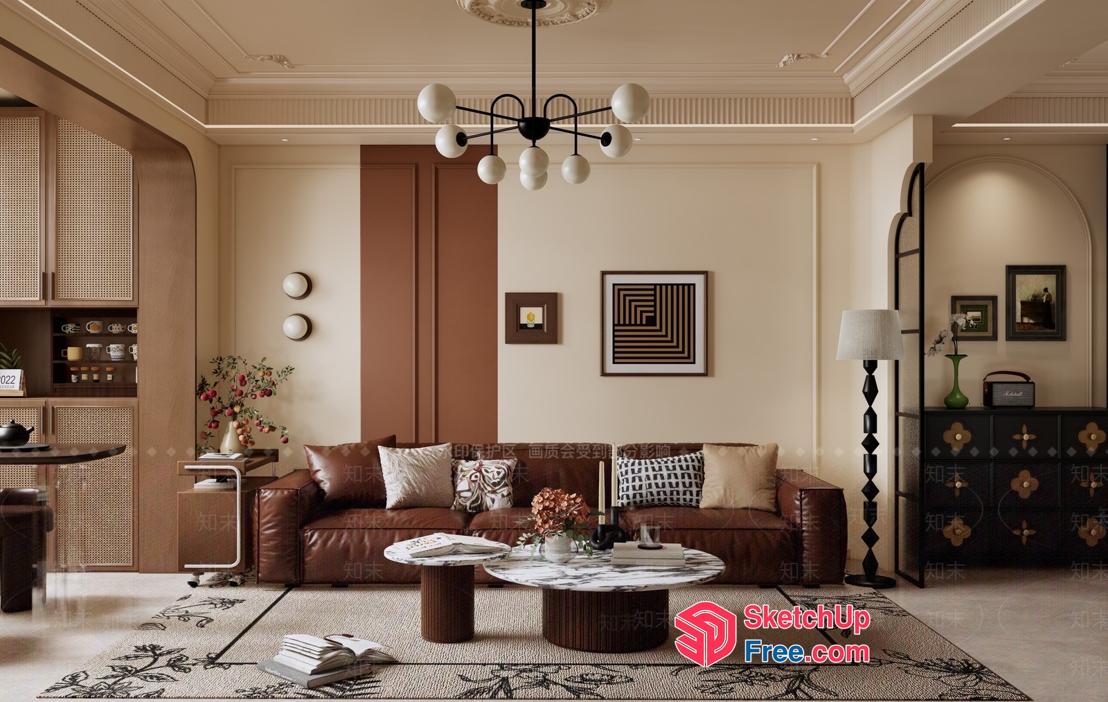Elegant Living Room With Creamy Style And Vintage Decor 3D SketchUp File