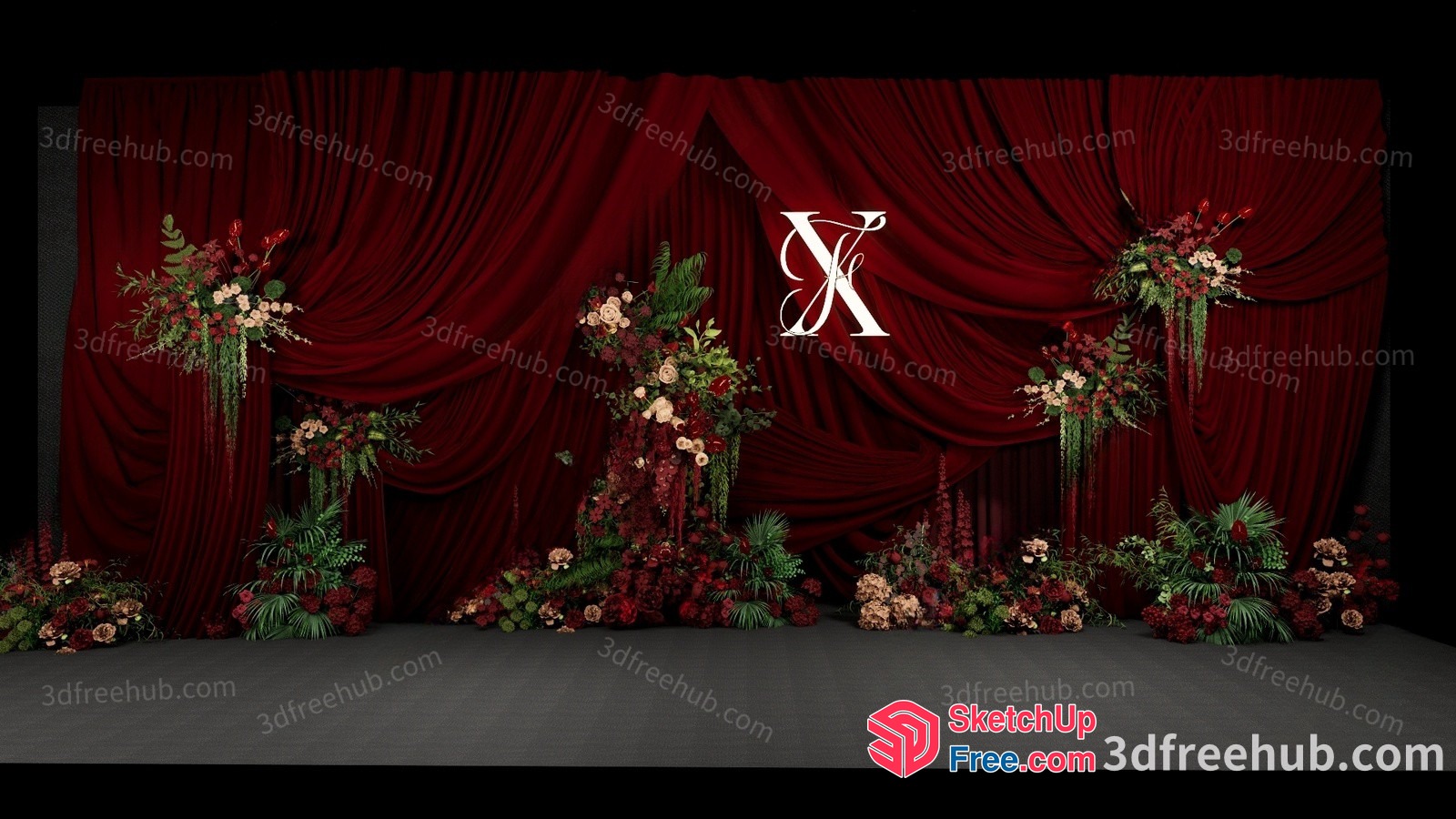 Luxurious Red Curtain Floral Display 3D SketchUp File