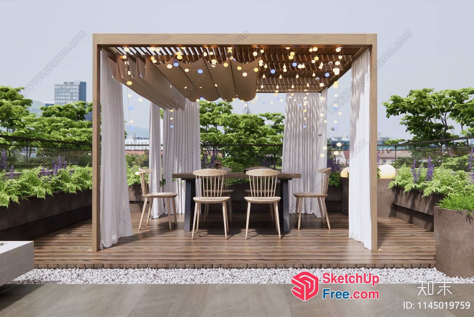 Outdoor Dining Area With Wooden Furniture And String Lights 3D SketchUp File