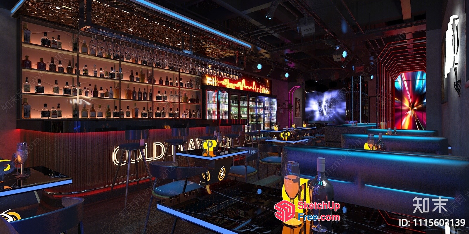 Modern Bar Interior With Neon Accents And Sleek Furniture 3D SketchUp File
