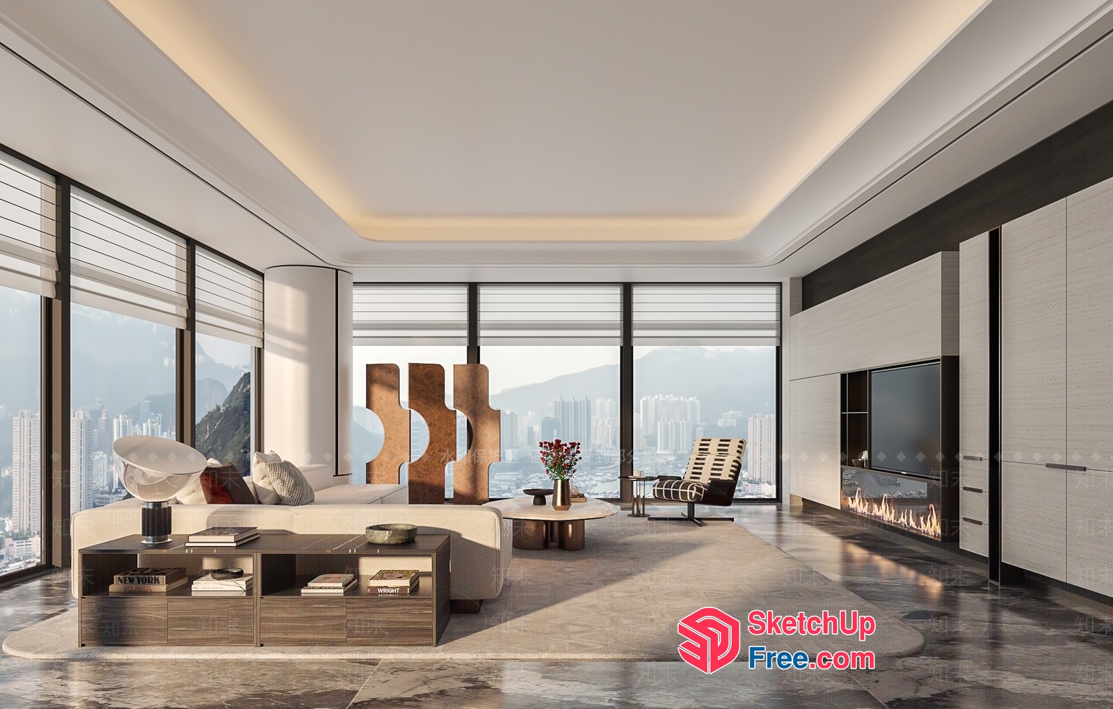 Modern Living Room With Panoramic City Views 3D SketchUp File