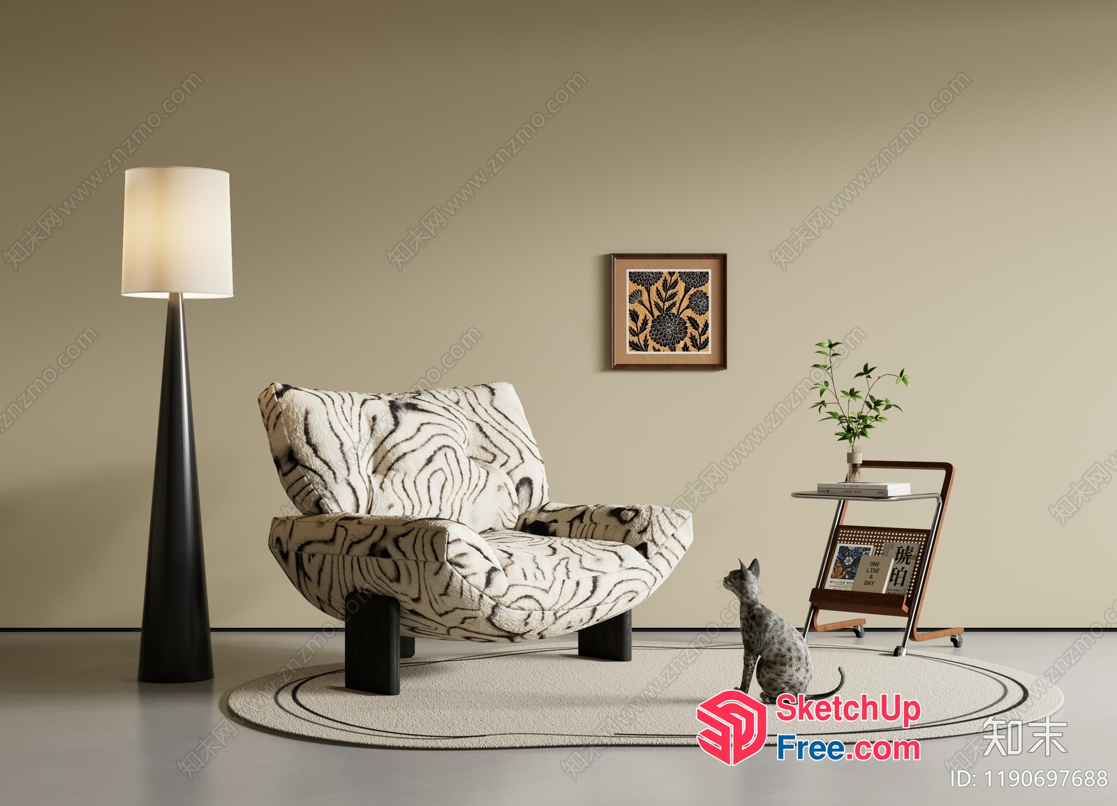 Cozy Modern Minimalist Living Room With Feline Companion 3D SketchUp File