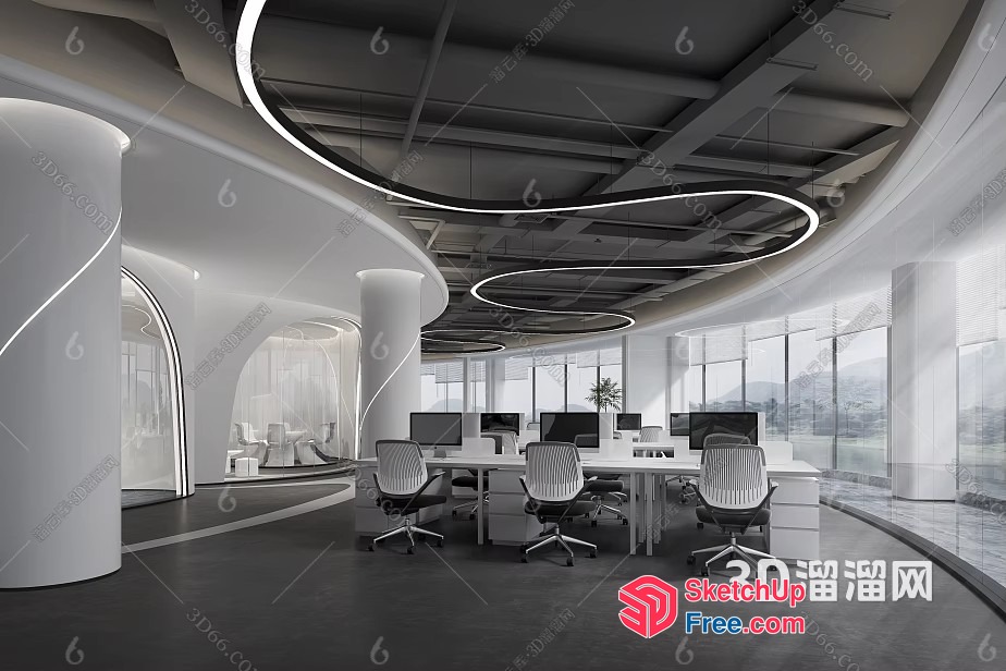 Modern Office Space With Sleek White Furniture And Large Windows 3D SketchUp File