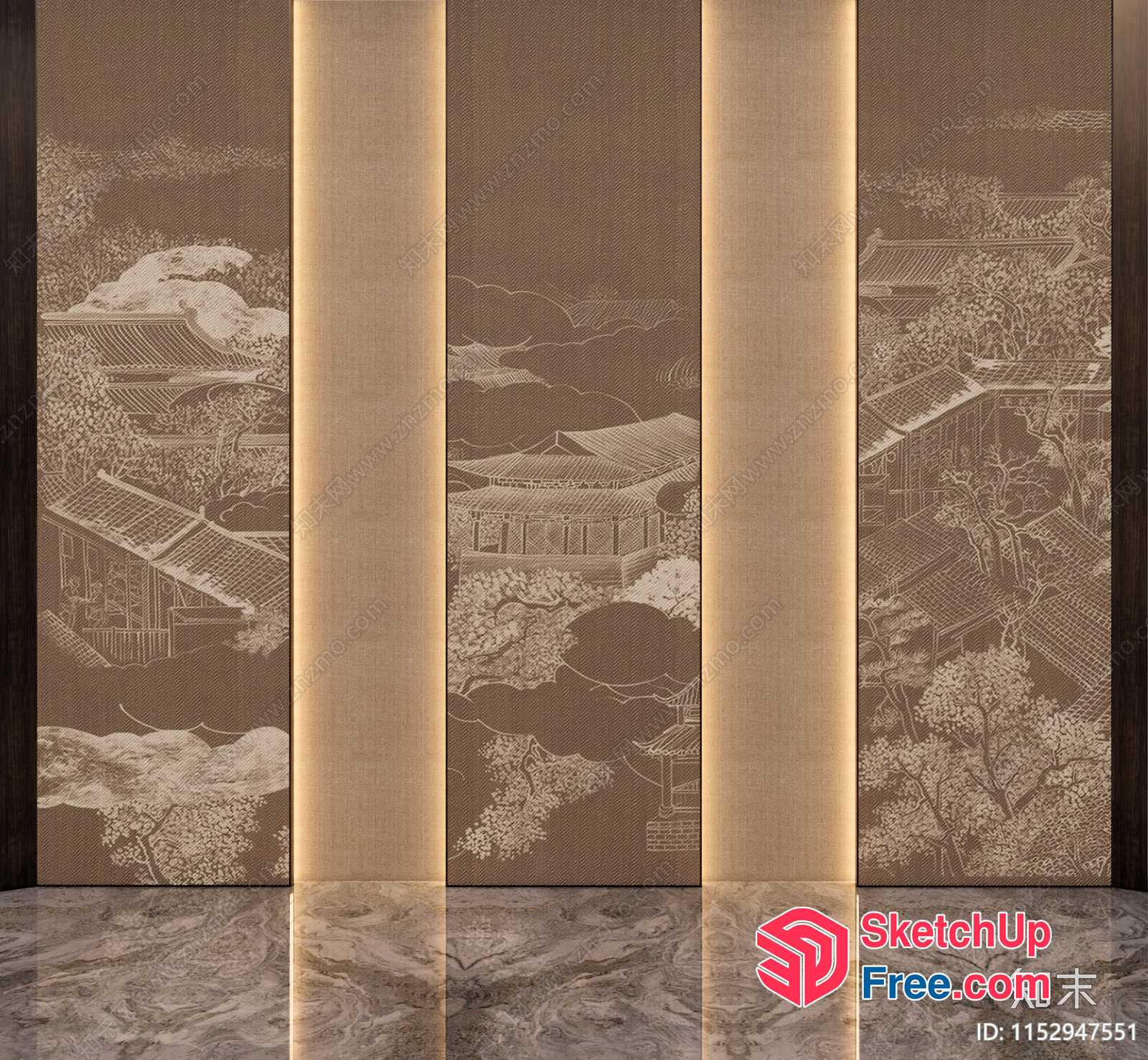 Elegant Japanese-Style Partition Screen With Pillars And Marble Floor 3D SketchUp File