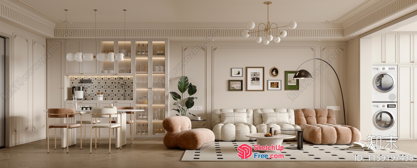 Elegant Creamy Style Living Room With Modern Furniture 3D SketchUp File