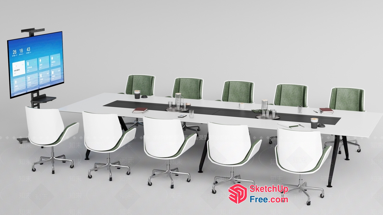 Conference Room With White Table And Green Chairs 3D SketchUp File