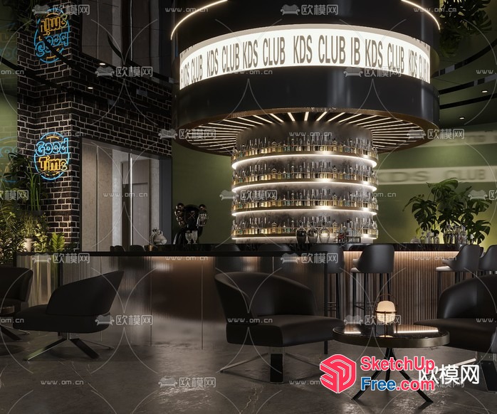Modern Bar Interior With Circular Bar And Neon Sign 3D SketchUp File