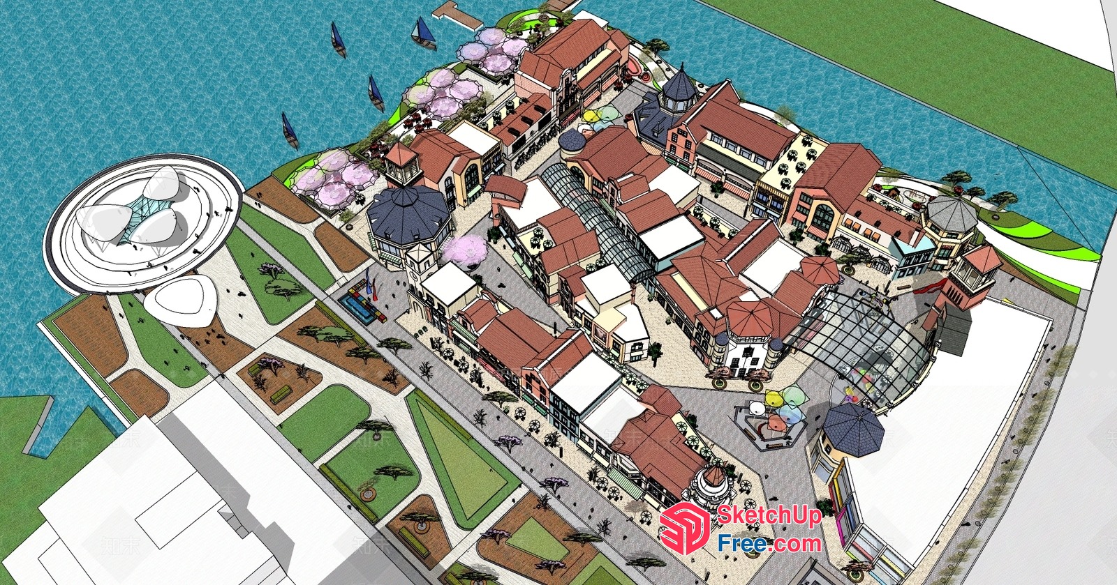 Aerial View Of A Serene Waterfront Resort 3D SketchUp File