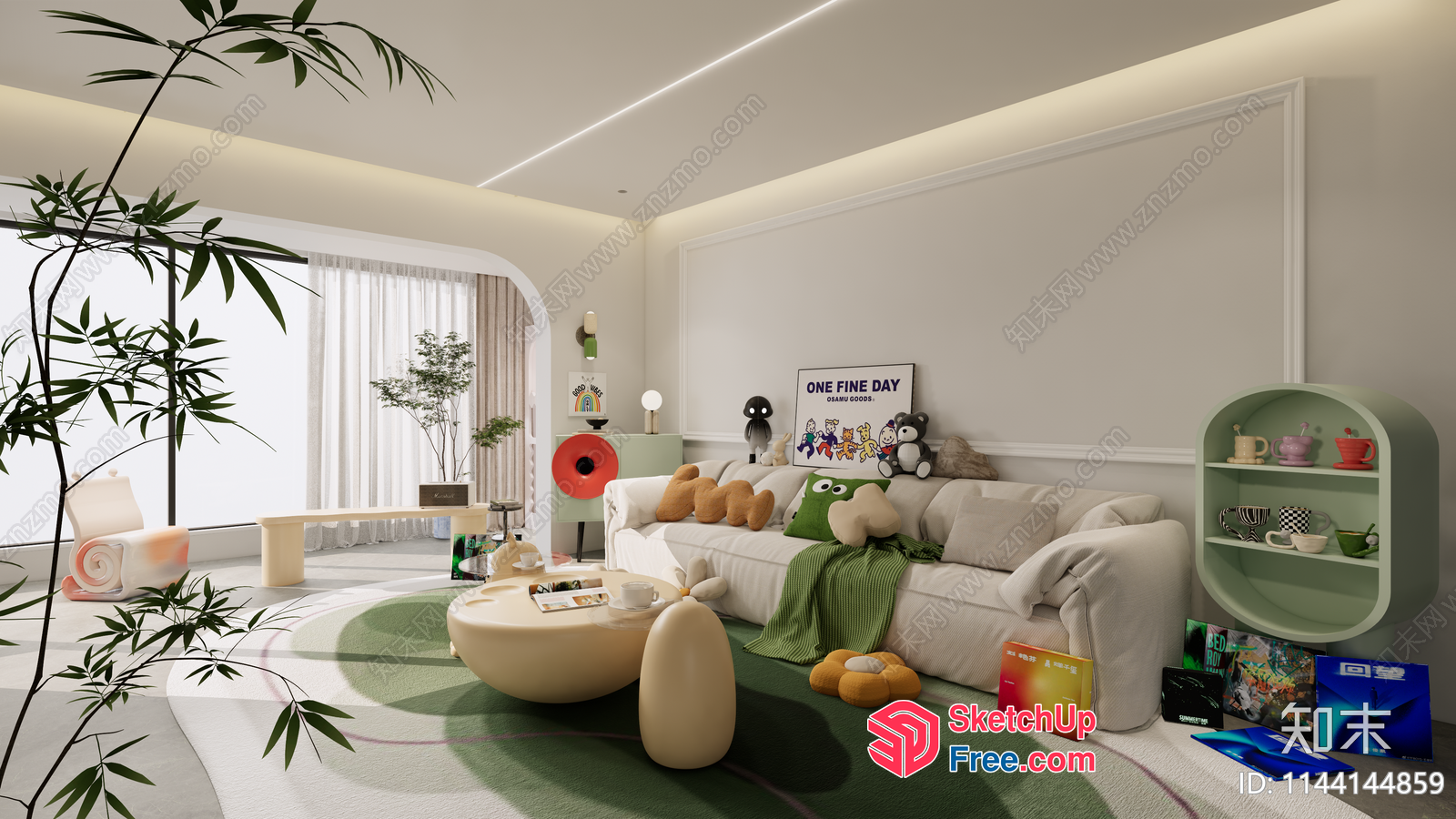 Modern Minimalist Living Room With White Sofa And Green Rug 3D SketchUp File