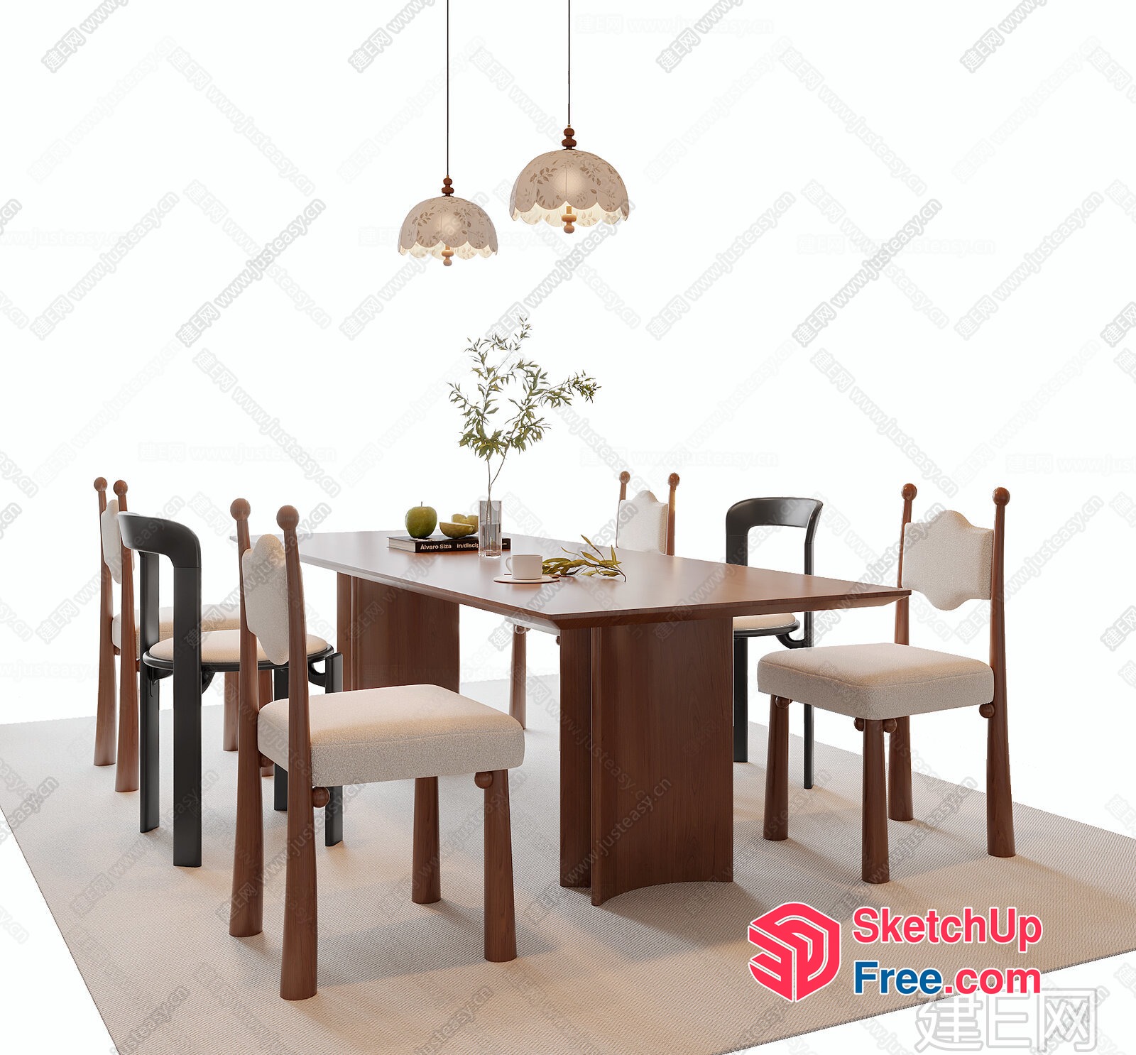 Modern Dining Room With Wooden Table And Chairs 3D SketchUp File