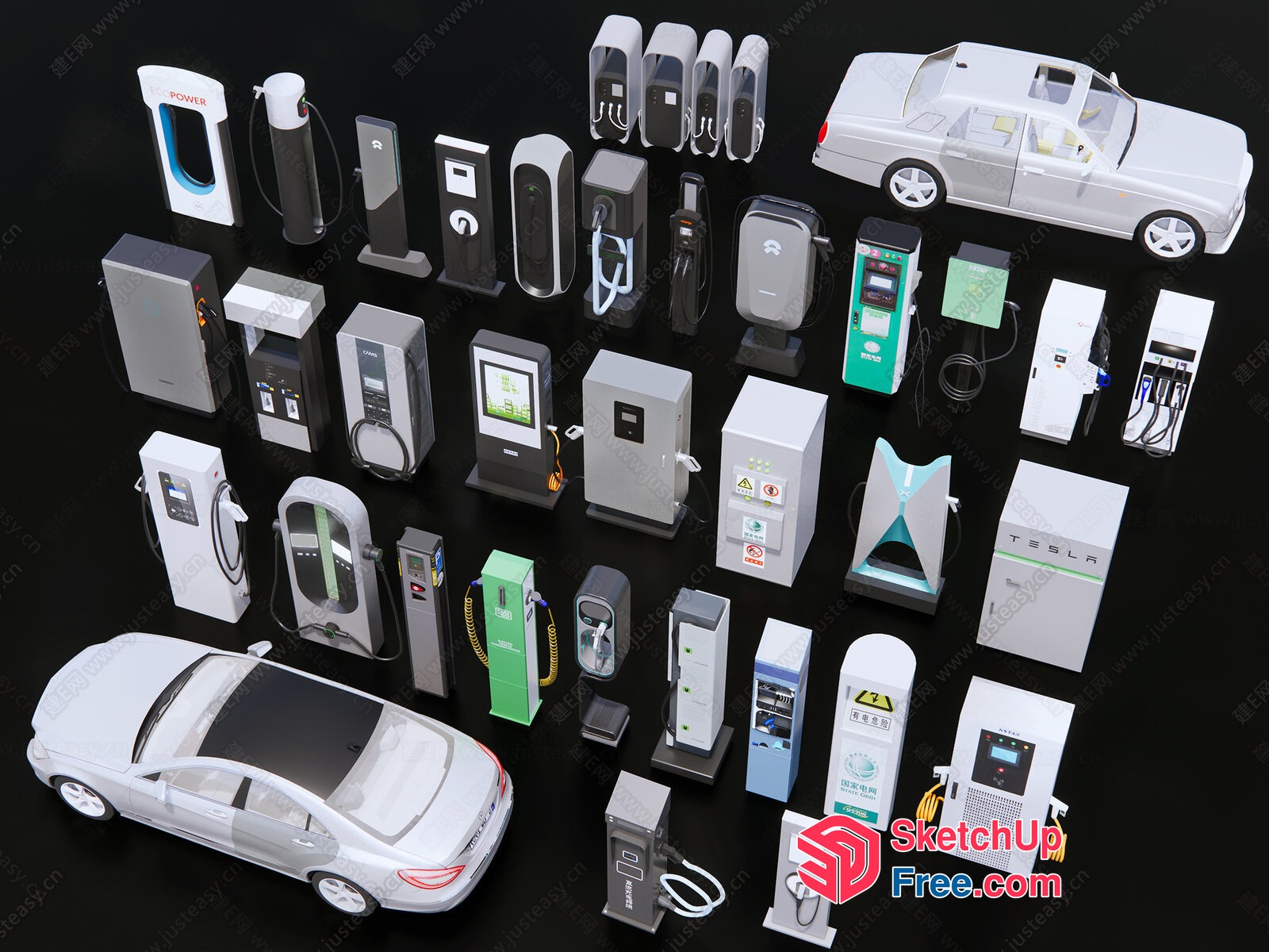 Electric Vehicle Charging Stations And Gas Pumps 3D SketchUp File