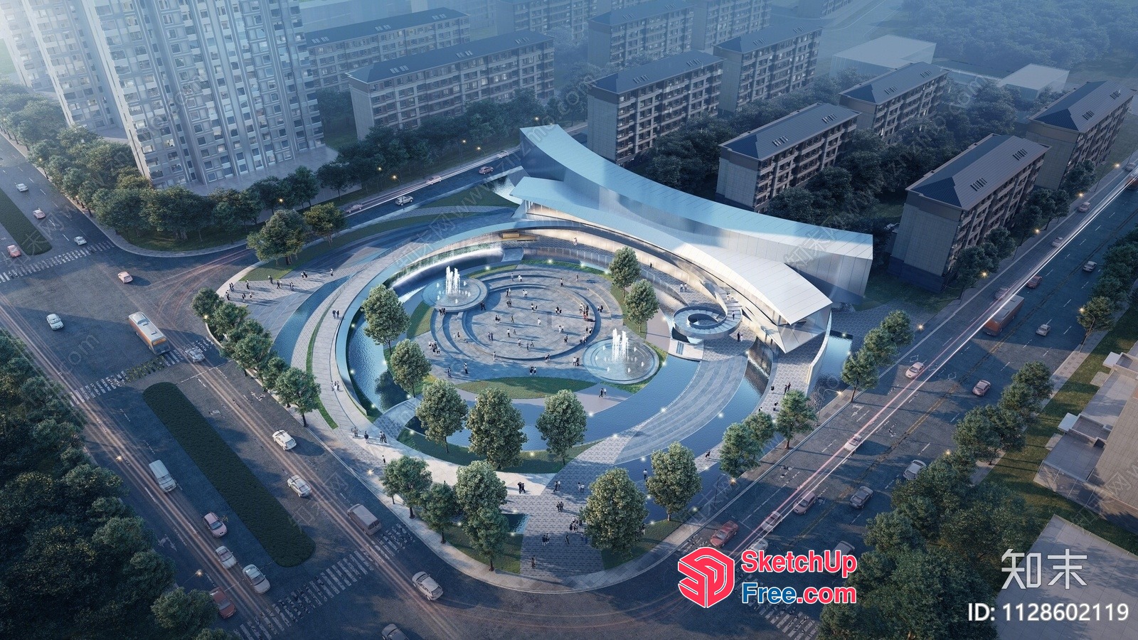 Modern Urban Park Design With Central Fountain 3D SketchUp File