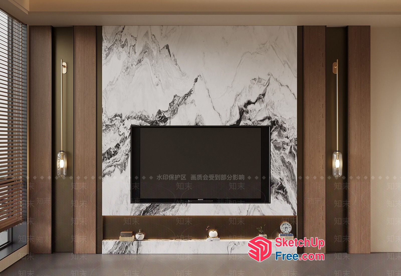 Modern Living Room With Tv And Marble Accent Wall 3D SketchUp File
