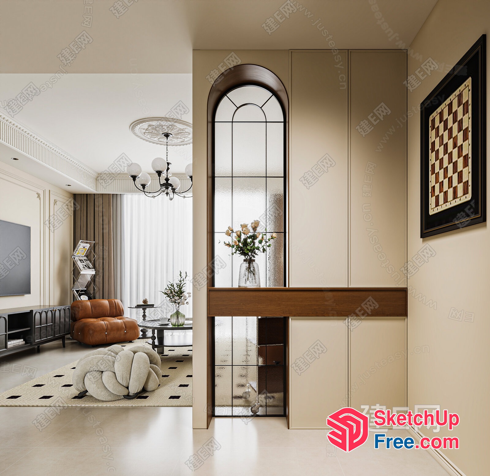 Elegant Living Room With Classic Moulding And Creamy Style 3D SketchUp File