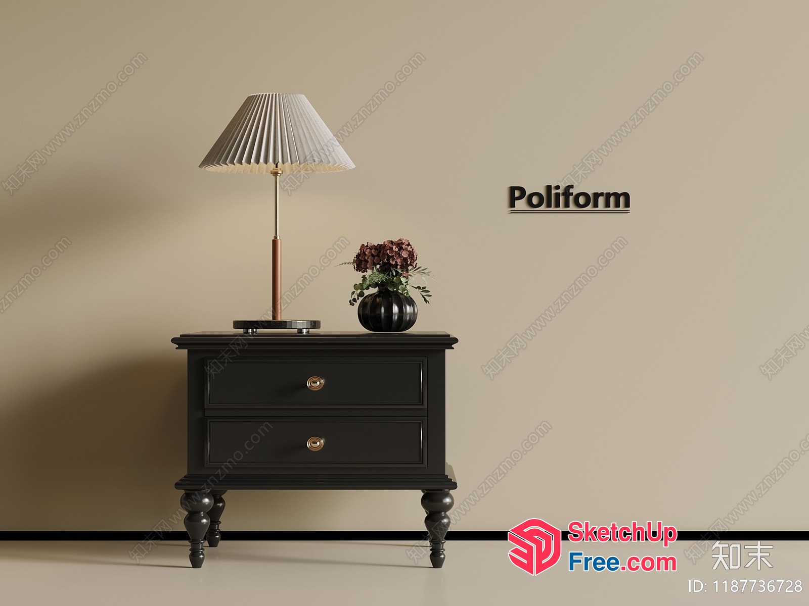 Elegant Black Nightstand With Lamp And Flowers 3D SketchUp File
