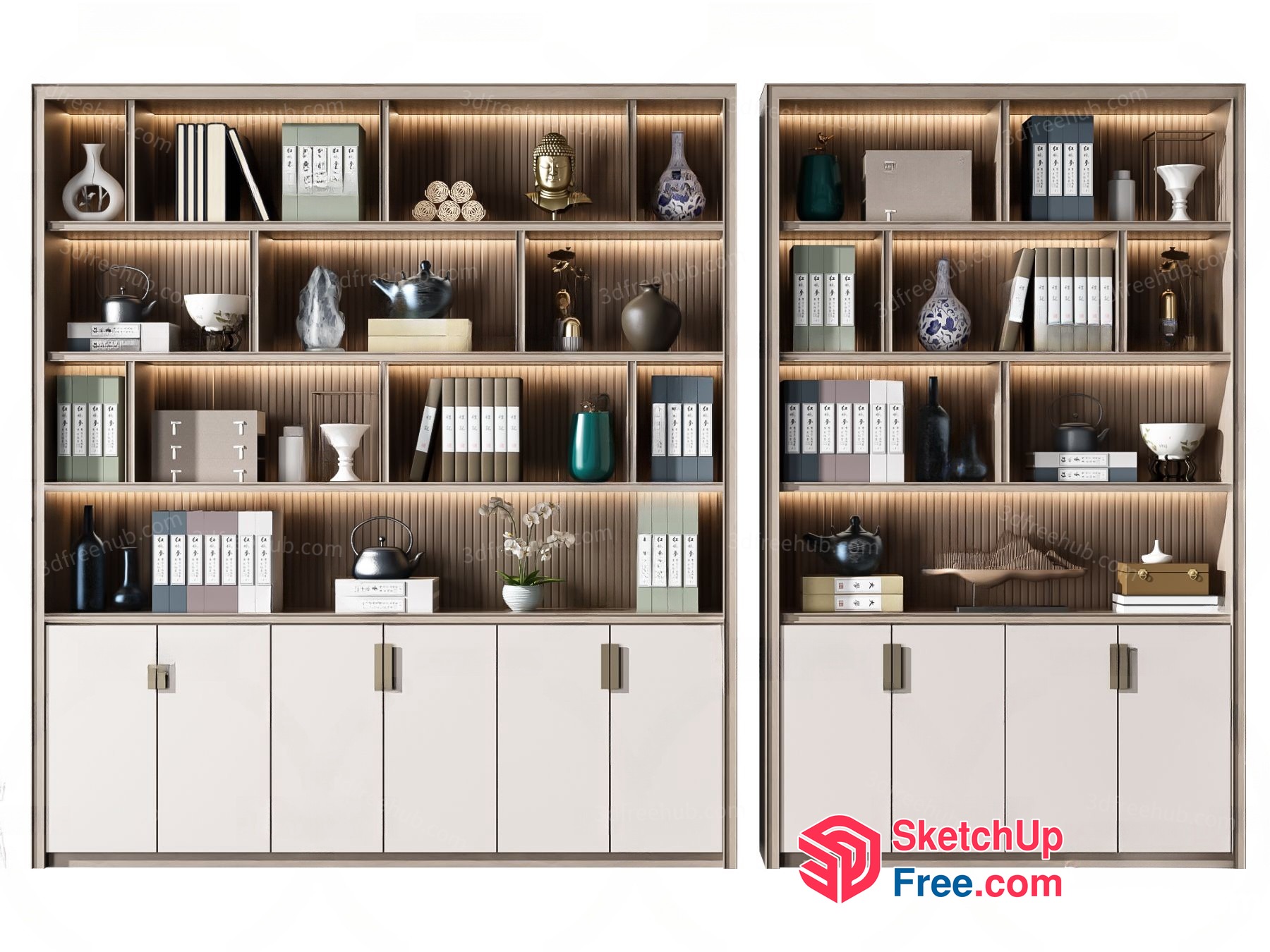 Modern Bookcase With Decorative Shelf And Cabinet 3D SketchUp File