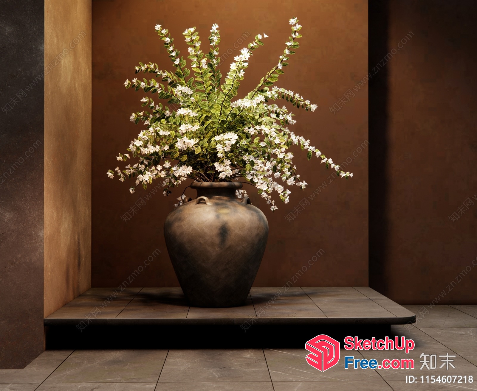 Decorative Vase With White Flowers And Green Leaves 3D SketchUp File