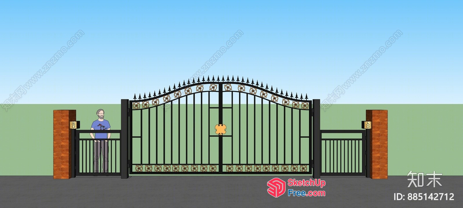Elegant Metal Gate With Pillars And Person Standing 3D SketchUp File