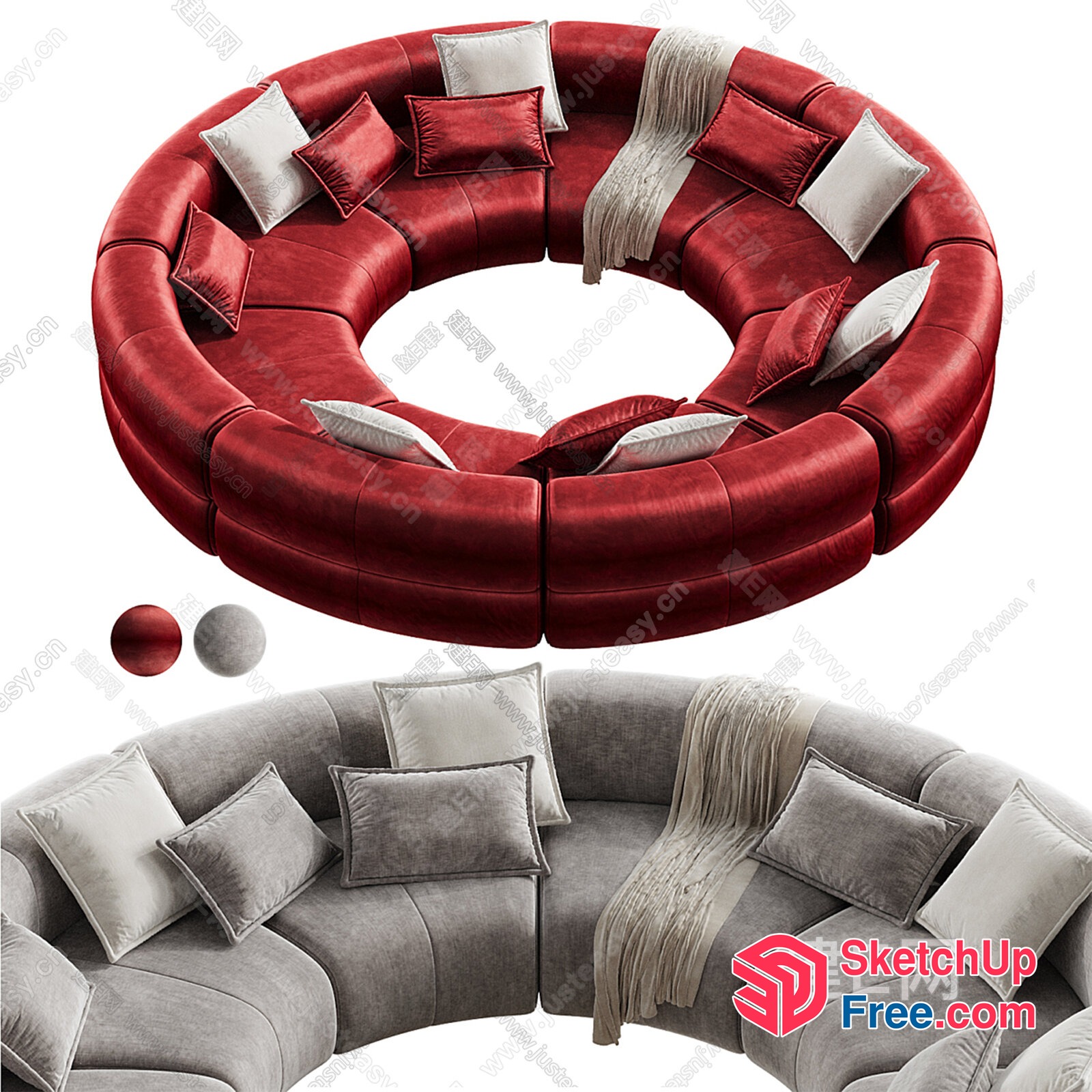 Circular Sectional Sofa Arrangement With Pillows And Blanket 3D SketchUp File