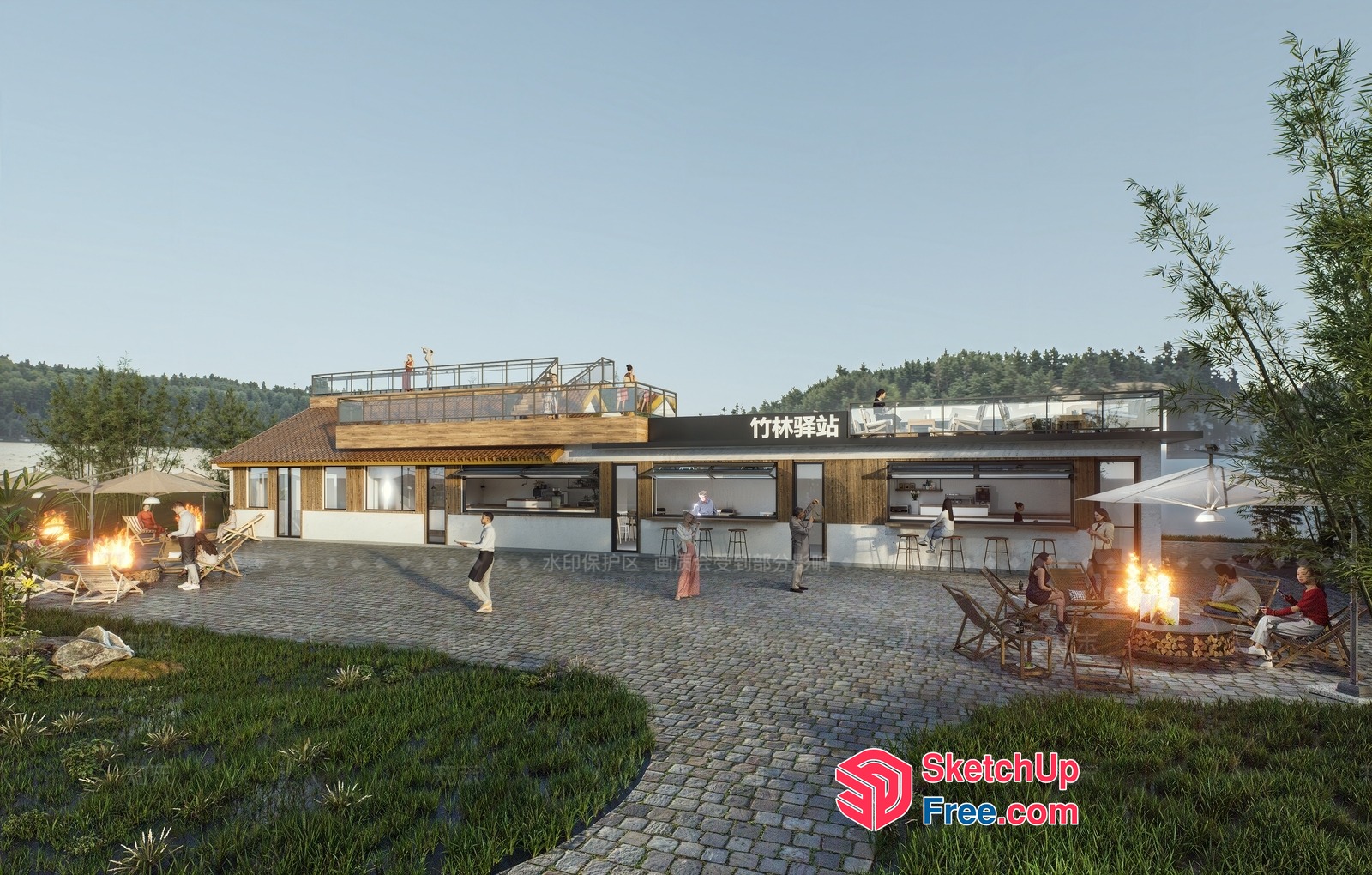 Modern Outdoor Restaurant By The Lake 3D SketchUp File